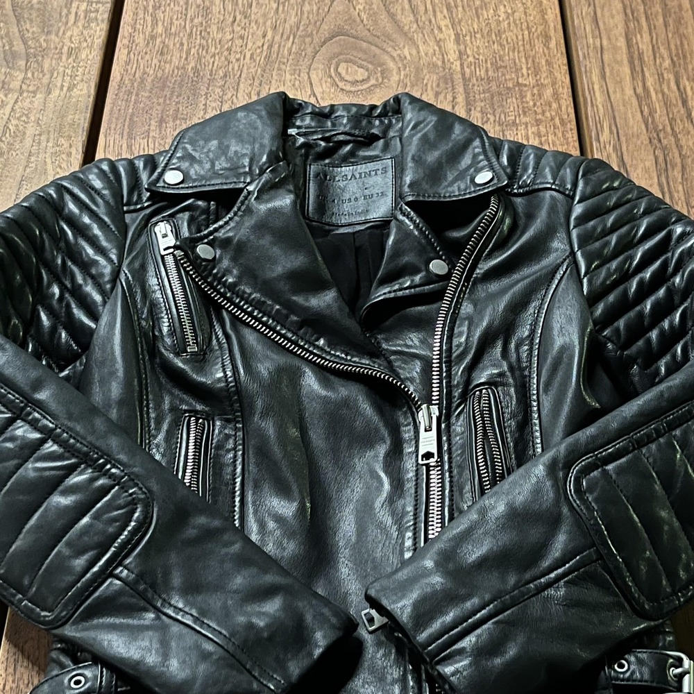 AllSaints Papin Biker Jacket Womens 0 Black Lamb Leather Moto Quilted Asym Zip - Picture 2 of 11